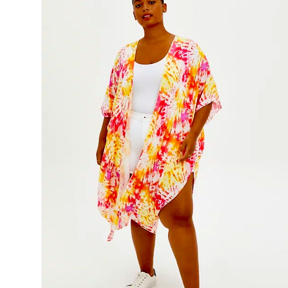 Torrid Tie Dye Kimono Duster Maxi Bathing Suit Coverup Pink Yellow Orange